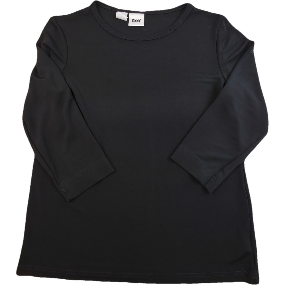 DKNY Vintage 90s Women's Black Rayon Jersey Top Size S 3/4 Sleeve Crew Neck